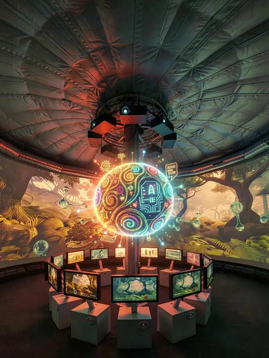 Candidate 6: a retro, organic, quirky AI helper hologram hovers in the center of the column