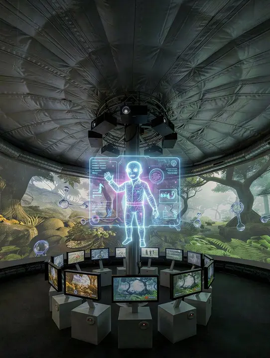 Candidate 3: a surreal AI helper hologram hovers in the center of the column