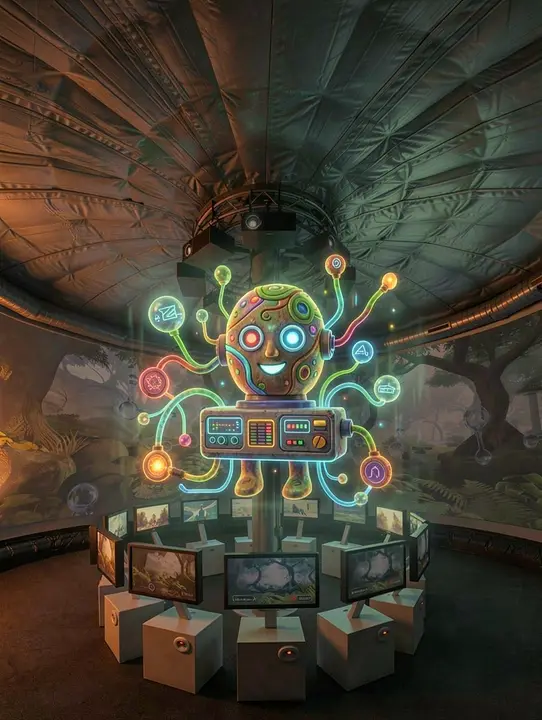 Candidate 9: a retro, organic, quirky AI helper holographic image hovers in the center of the column