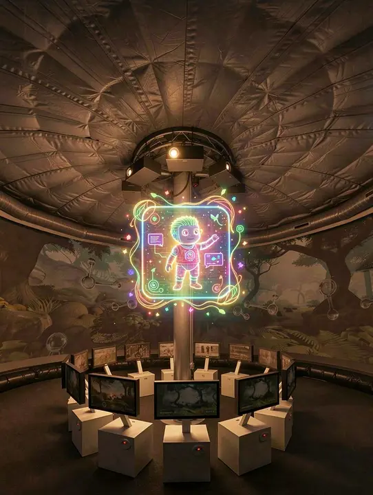 Candidate 12: a retro, organic, quirky AI helper holographic image hovers in the center of the column