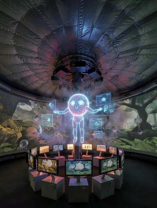 Candidate 2: a surreal AI helper hologram hovers in the center of the column