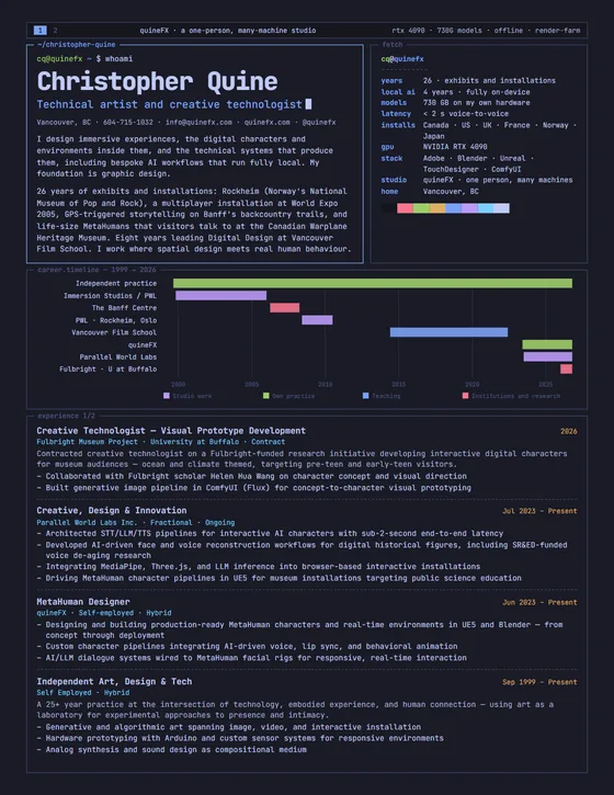 Page one of the Render Farm resume